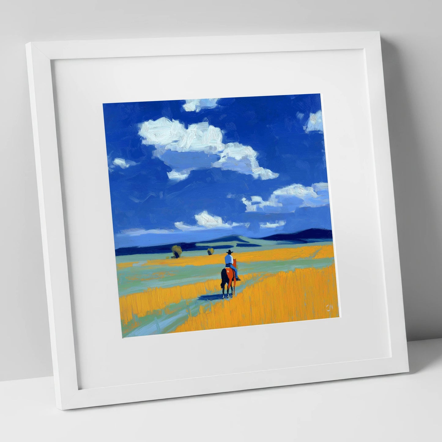 Riding the Big Sky western horse art print in white frame