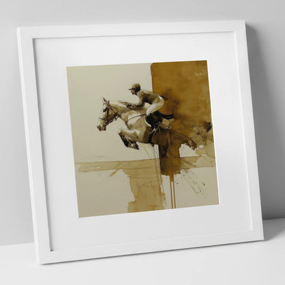 Airborne in Sepia show jumping horse art print in white frame
