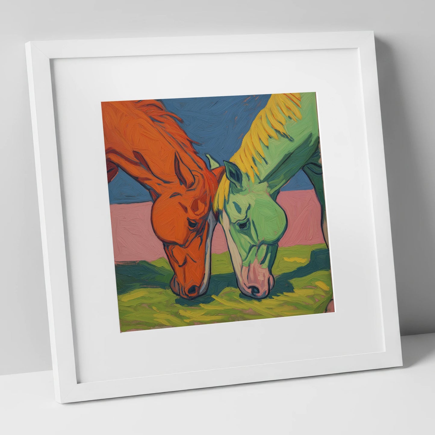 Painted Pasture Companions horse portrait art print in white frame