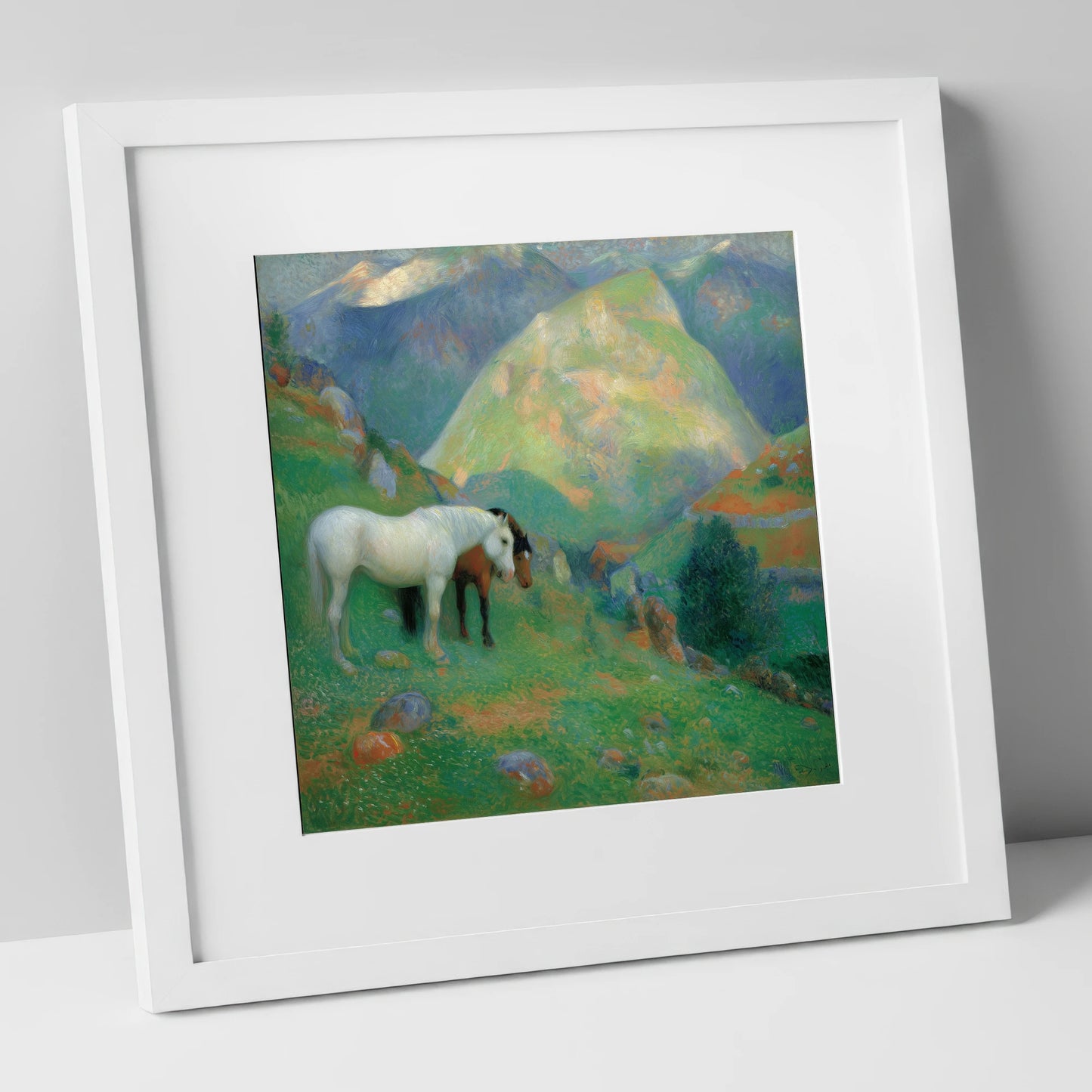 High Country Companions horse landscape art print in white frame