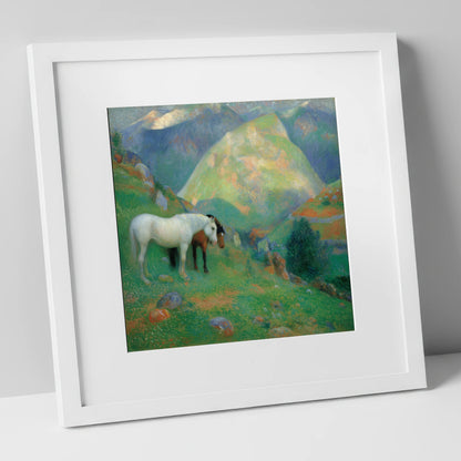 High Country Companions horse landscape art print in white frame
