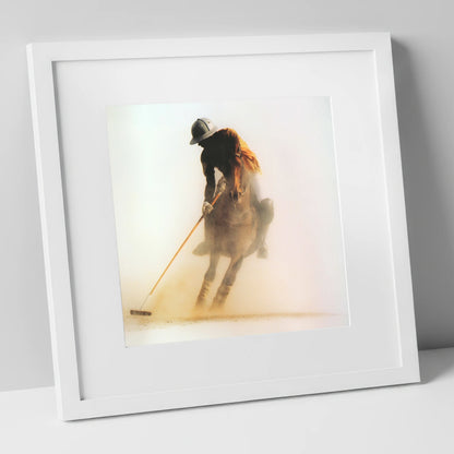 Out of the Dust polo horse art print in white frame