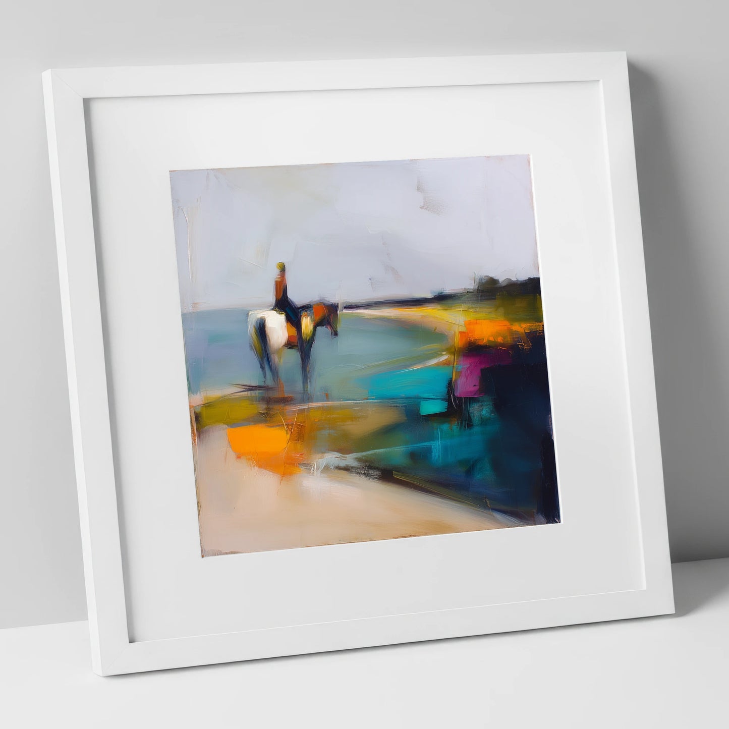 Vivid Shoreline beach horse art print in white frame