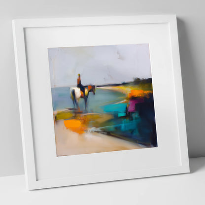 Vivid Shoreline beach horse art print in white frame