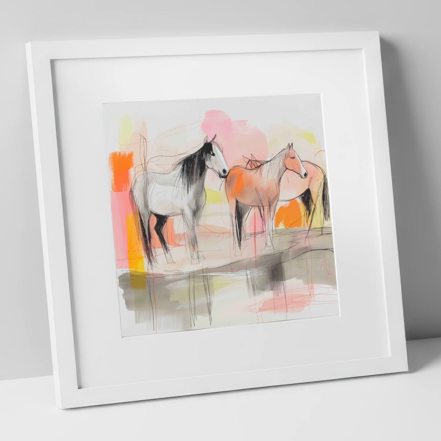 Sunset Harmony on the Plains wild horses art print in white frame