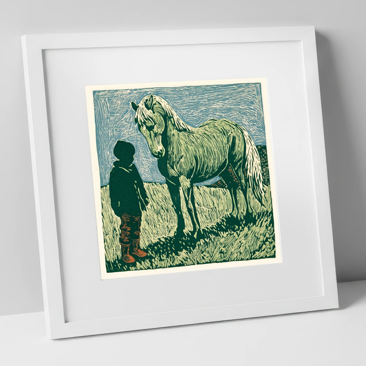 The Silent Bond horse & rider art print in white frame