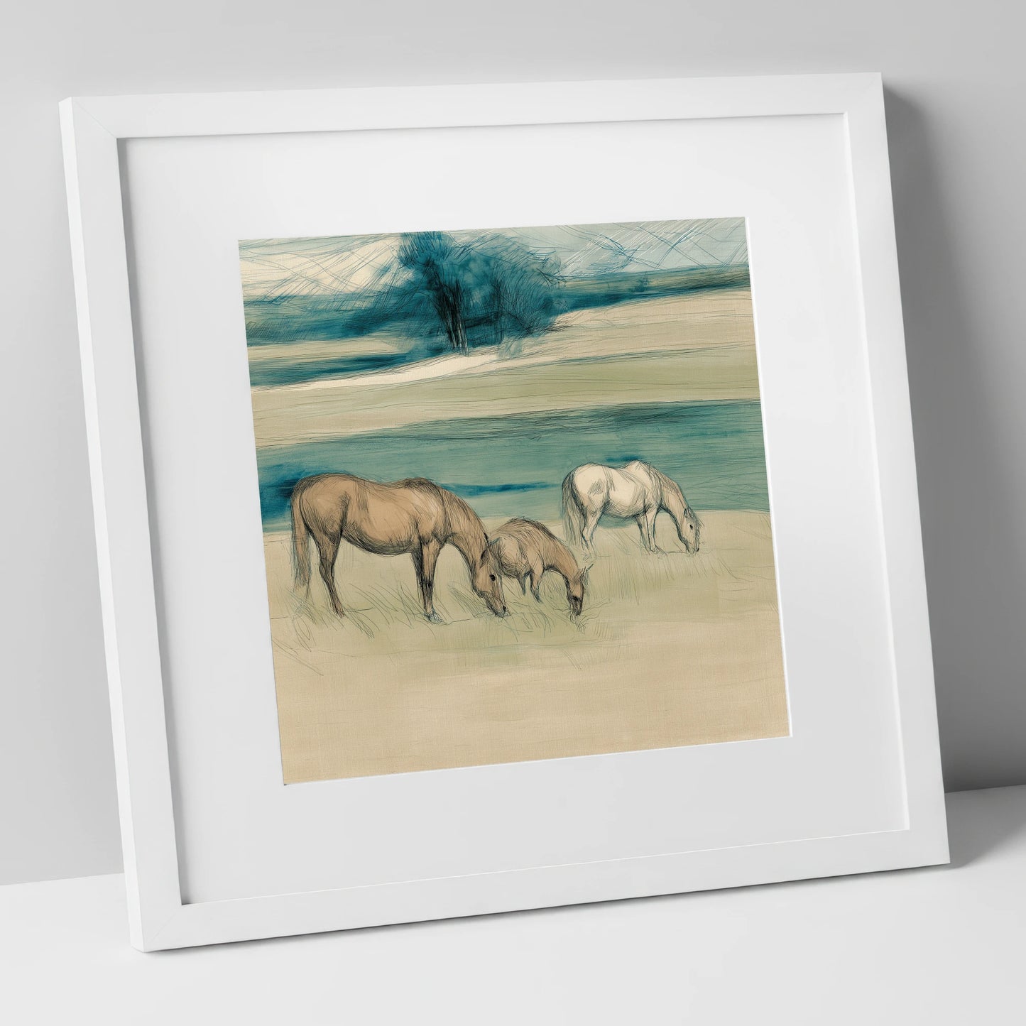Tranquil Teal Pastures mare & foal art print in white frame