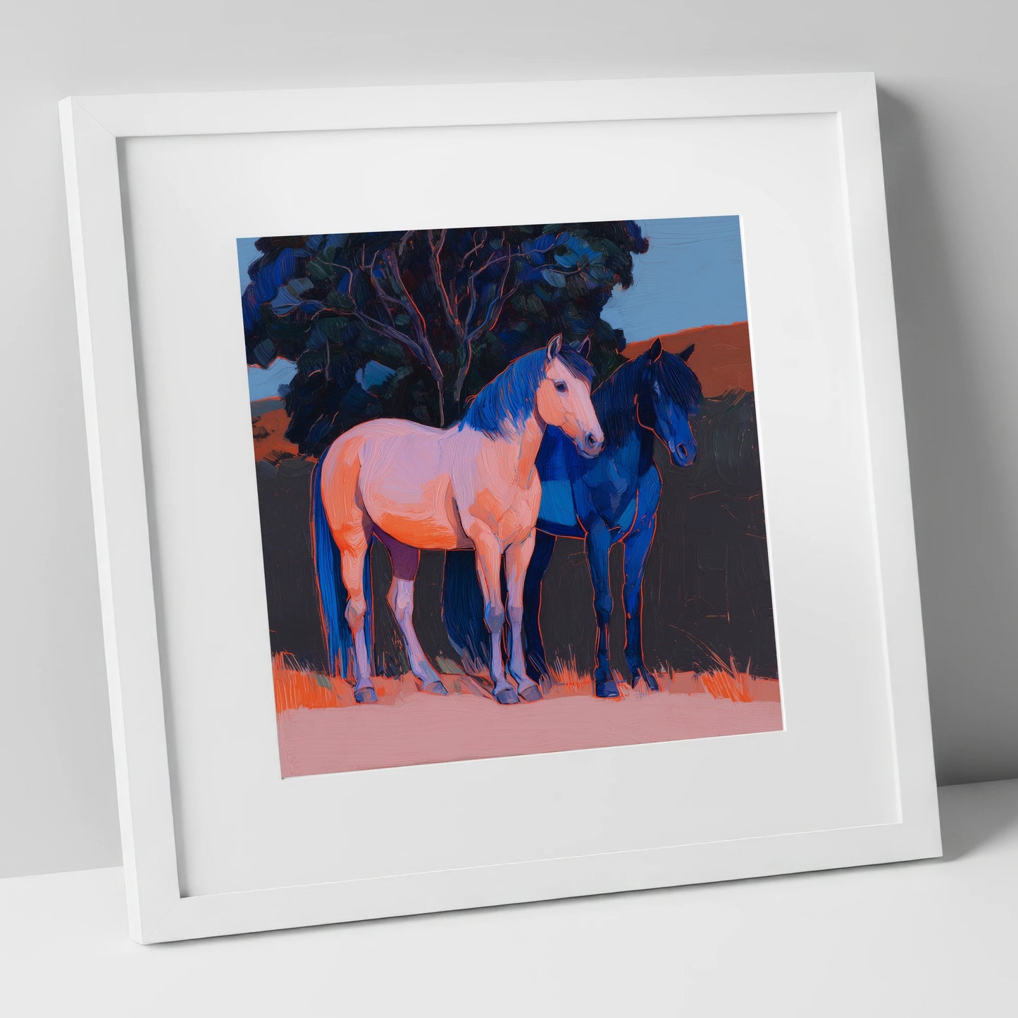 Contrasting Companions horse landscape art print in white frame