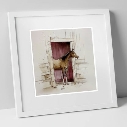 The Plum Doorway horse stable art print in white frame