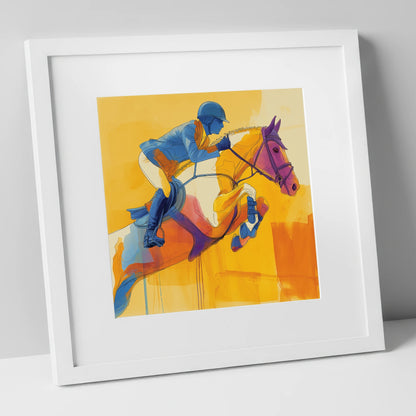 Airborne in Cobalt show jumping horse art print in white frame