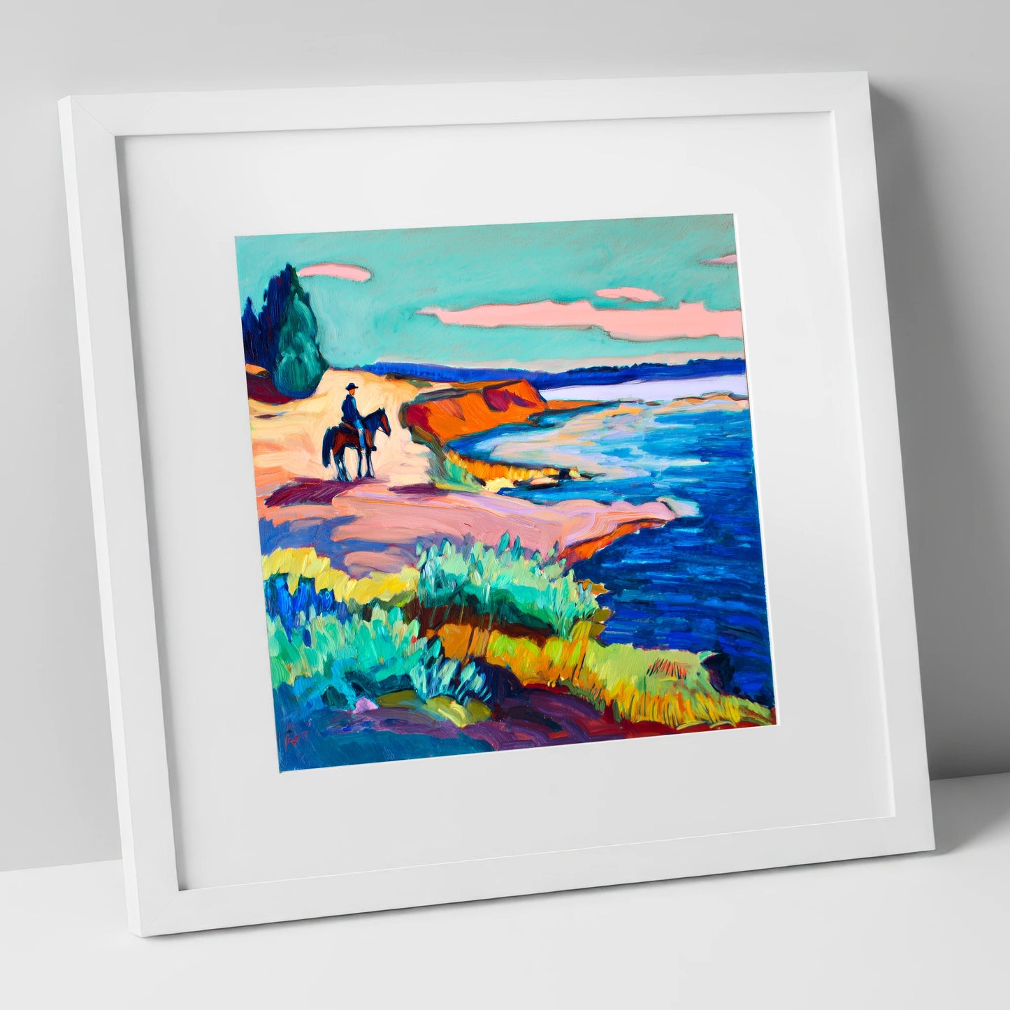Vivid Coastal Hack beach horse art print in white frame