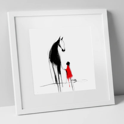 Crimson Connection horse & rider art print in white frame