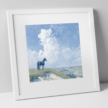 Guardian of the Valley horse landscape art print in white frame
