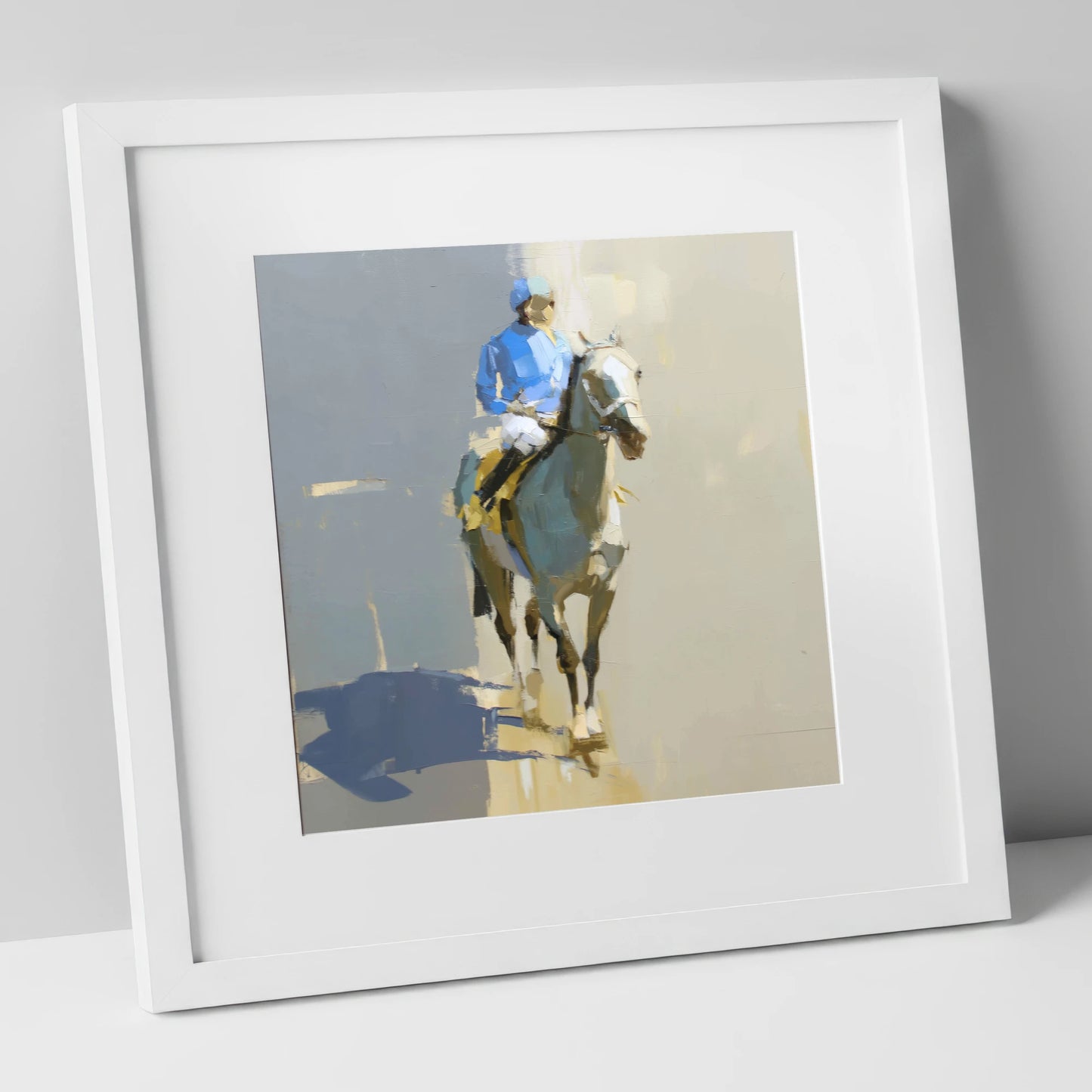 Blue Silks and Shadows racing horse art print in white frame