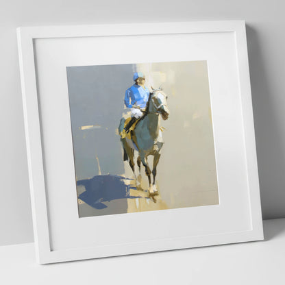 Blue Silks and Shadows racing horse art print in white frame
