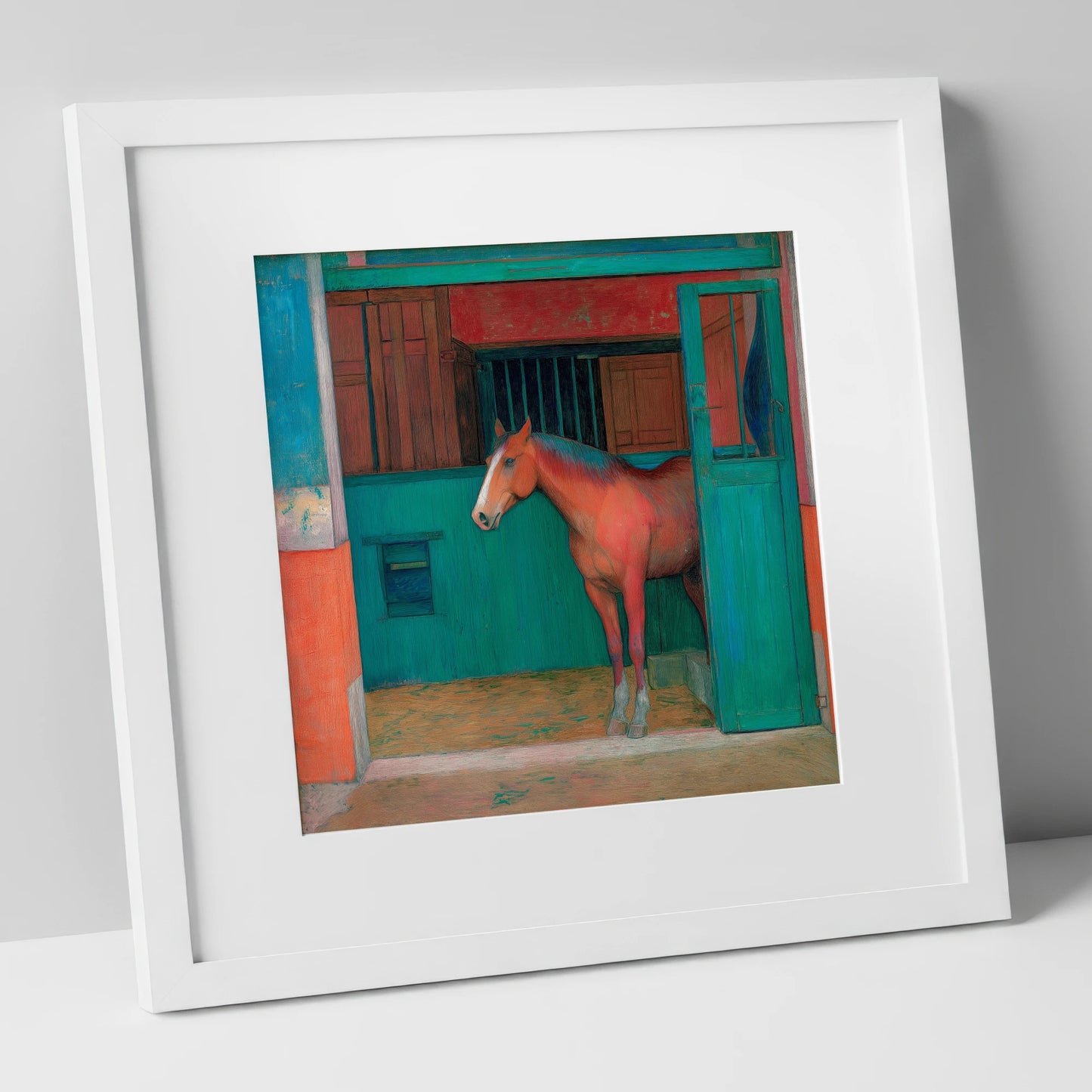 The Emerald Stable Door horse stable art print in white frame