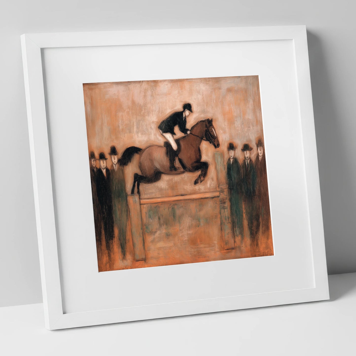 Flight Over Timber show jumping horse art print in white frame
