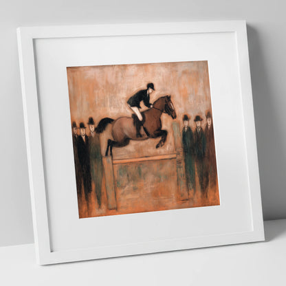 Flight Over Timber show jumping horse art print in white frame