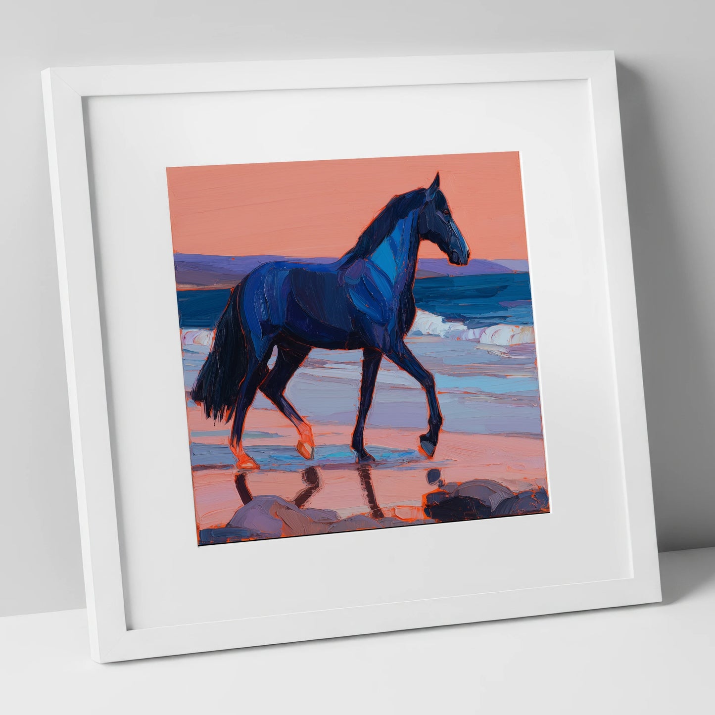 Indigo Beach Stride horse landscape art print in white frame