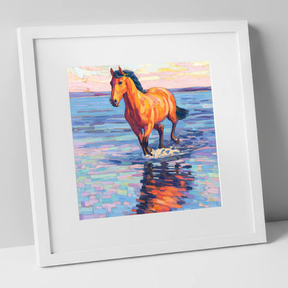 Sunset Shallows Stride beach horse art print in white frame