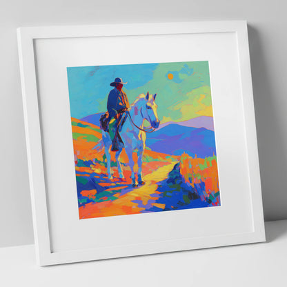 Painted Western Sun western horse art print in white frame