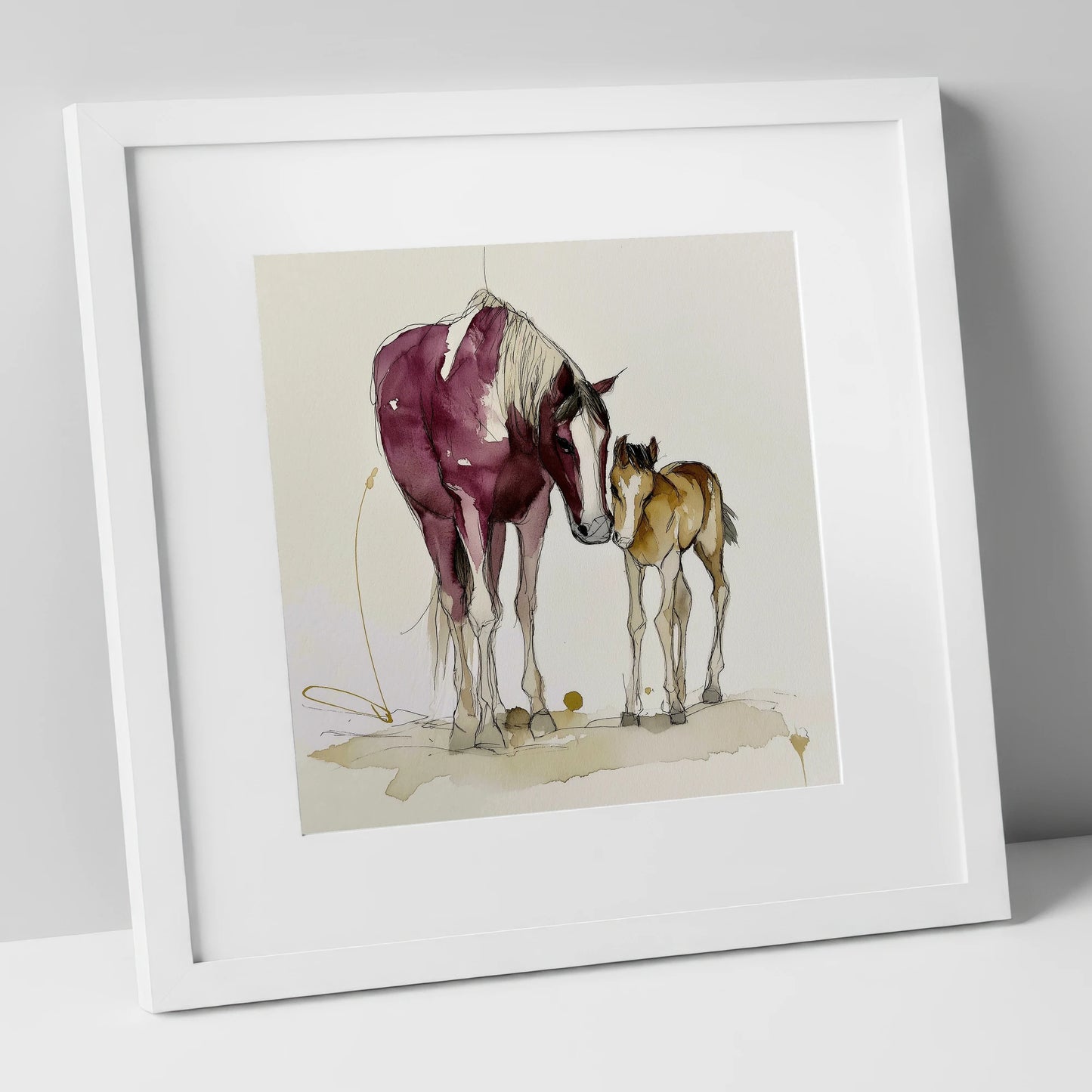 Painted Bond mare & foal art print in white frame
