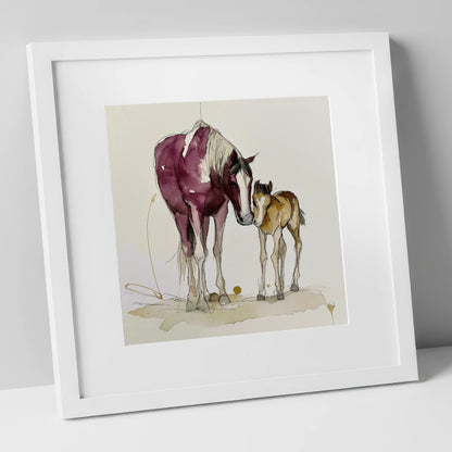 Painted Bond mare & foal art print in white frame