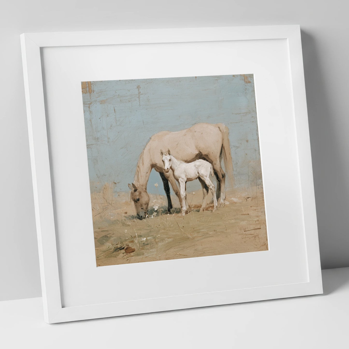 The Quiet Pasture mare & foal art print in white frame