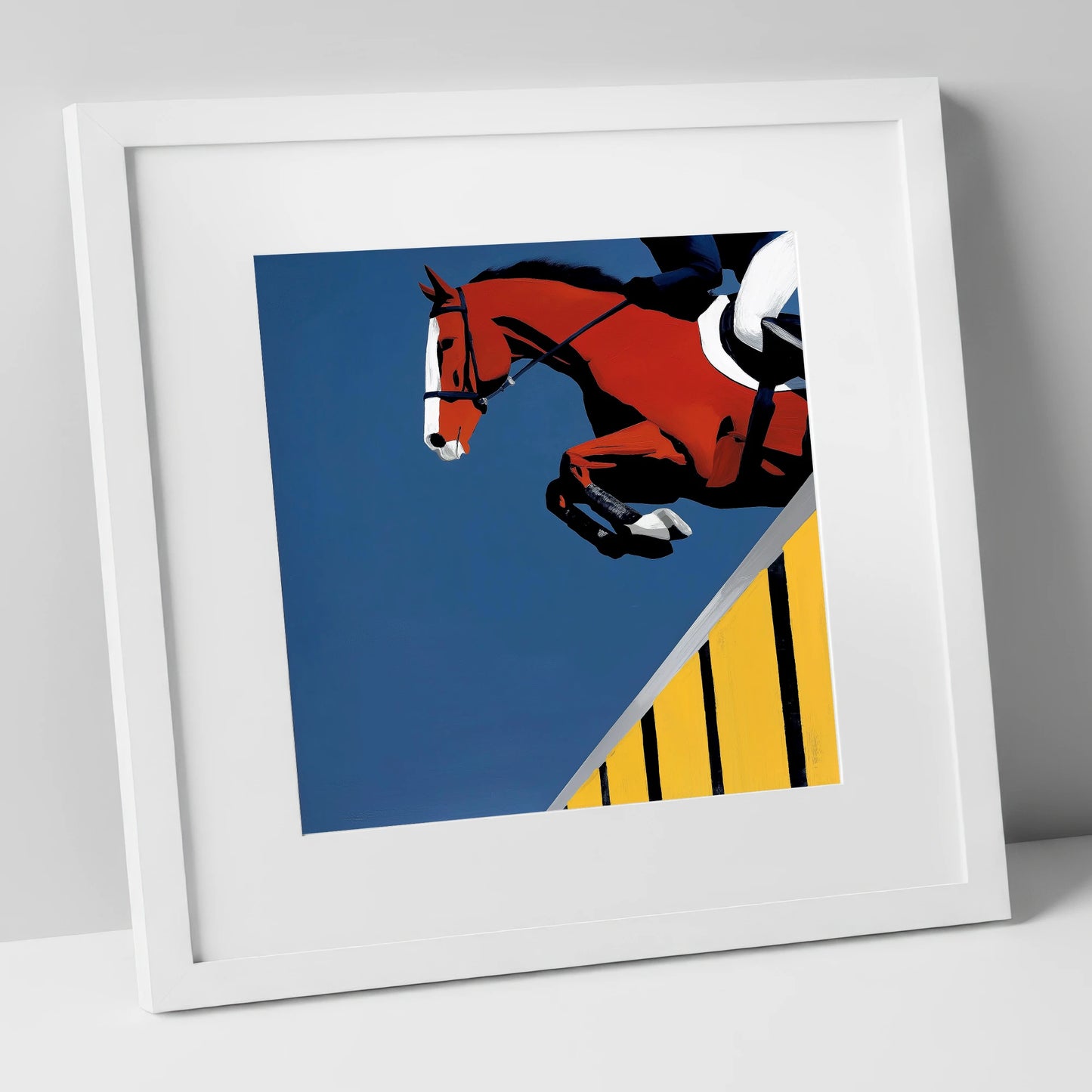 Suspended in Blue show jumping horse art print in white frame