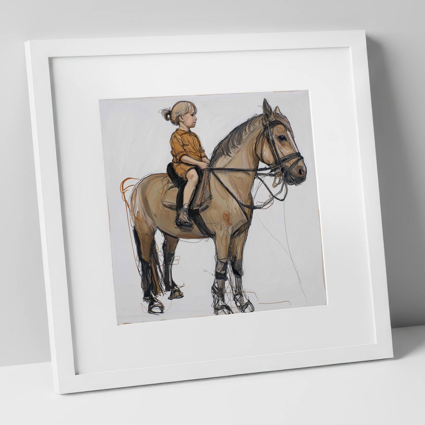 First Lessons horse & rider art print in white frame