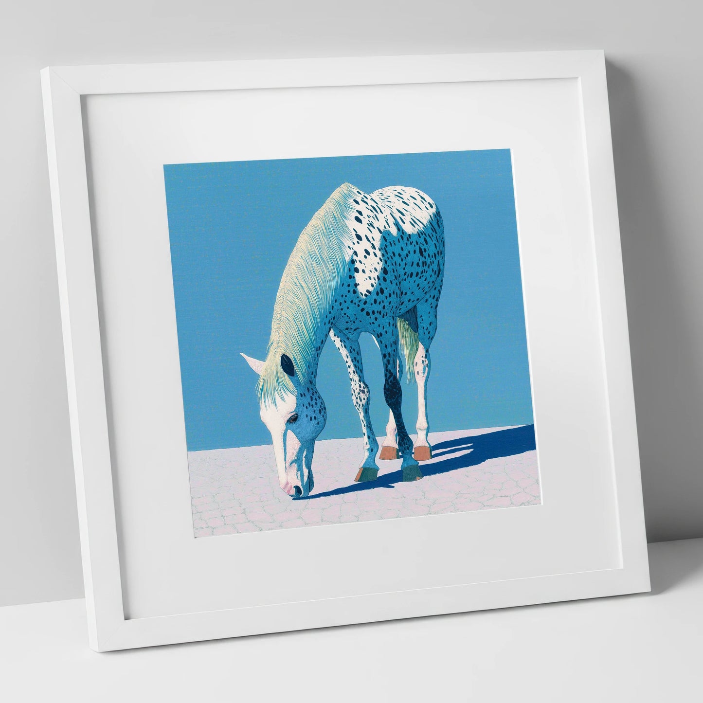 Azure Appaloosa horse breed art print in white frame