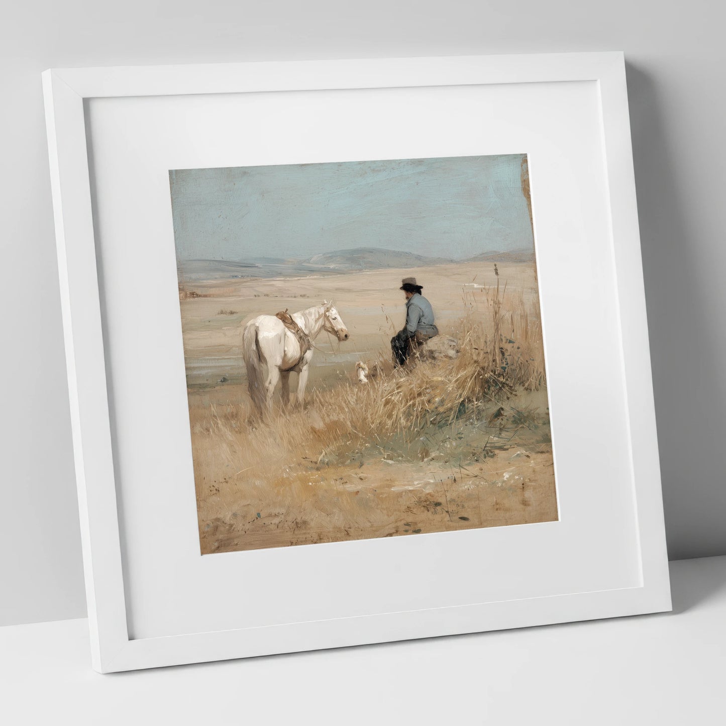Vast Horizons horse & rider art print in white frame