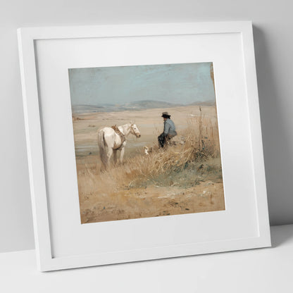Vast Horizons horse & rider art print in white frame