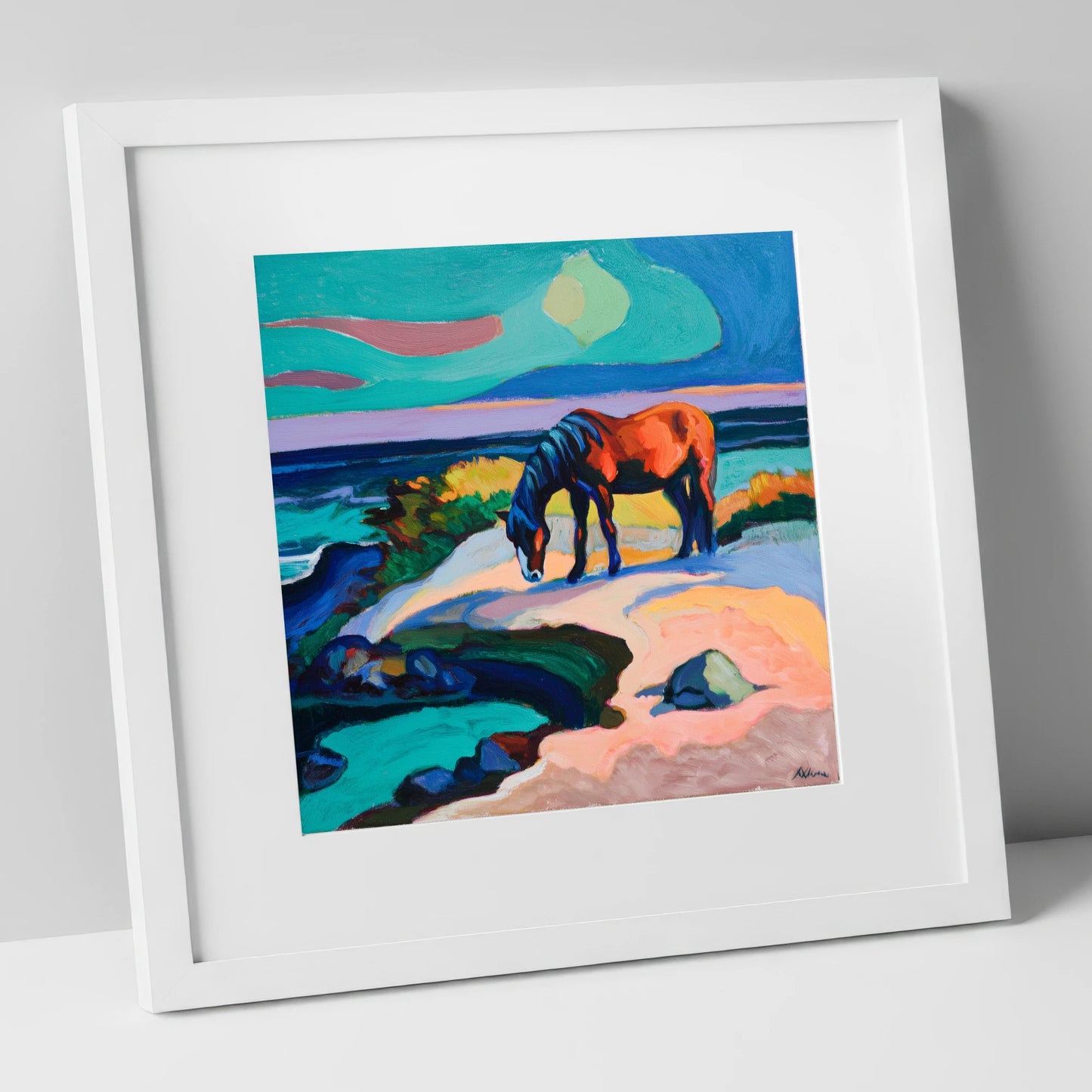 Vibrant Coastal Graze horse landscape art print in white frame