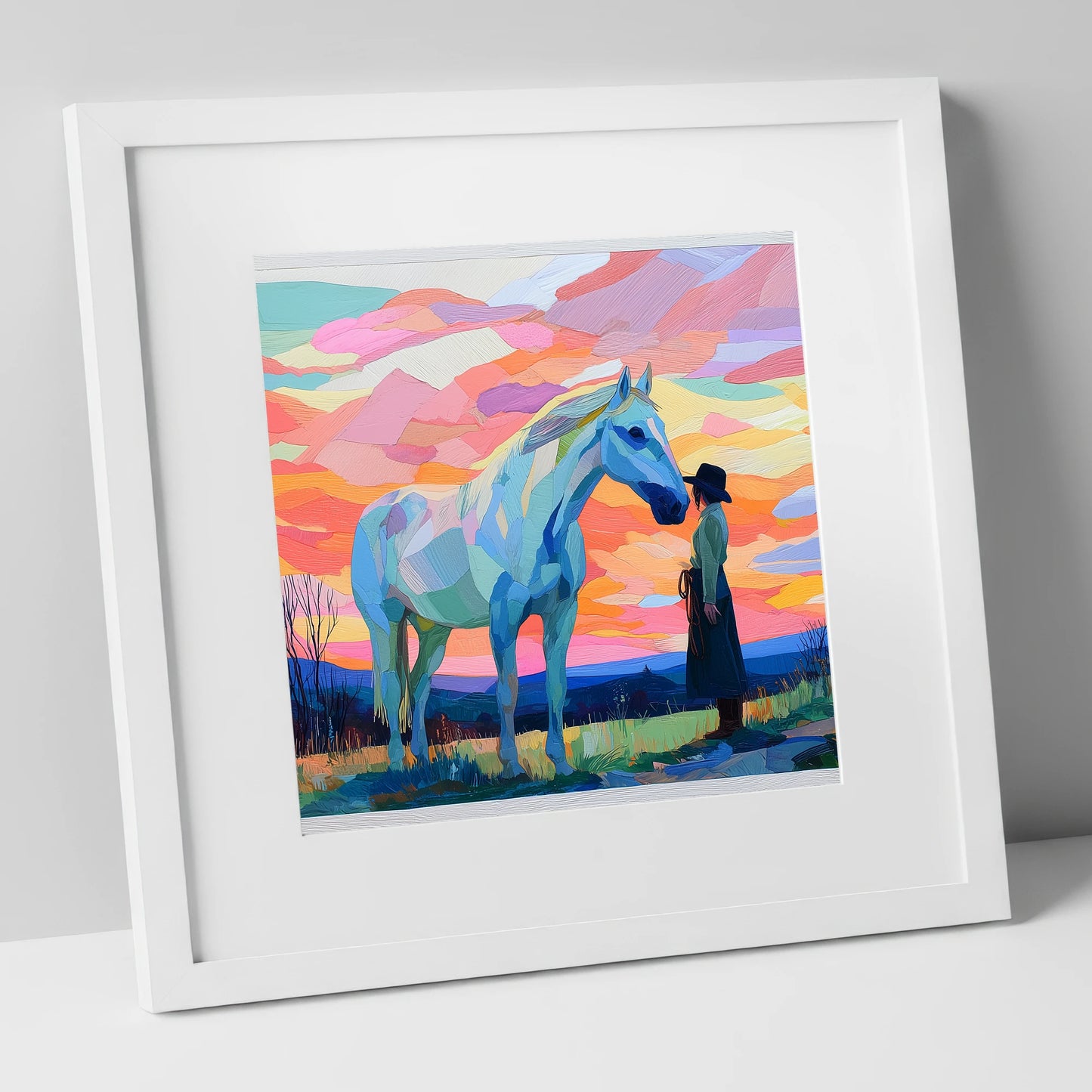 Vibrant Horizon Partnership horse & rider art print in white frame
