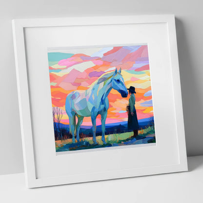 Vibrant Horizon Partnership horse & rider art print in white frame