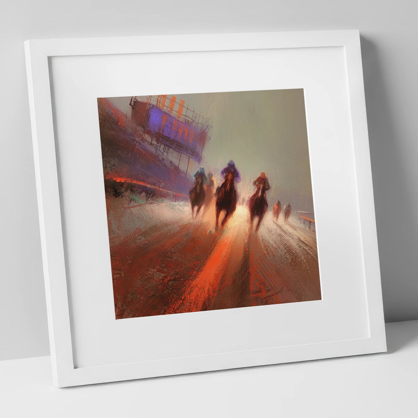 The Final Furlong racing horse art print in white frame