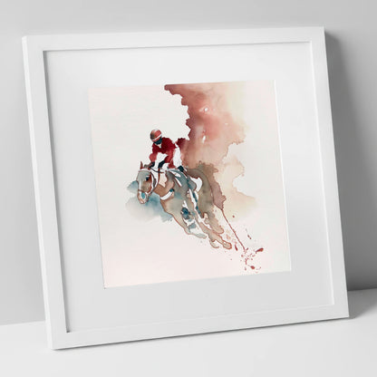 Crimson Surge racing horse art print in white frame