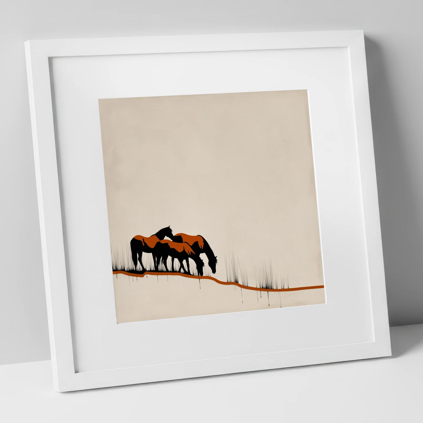 Copper and Ink Herd wild horses art print in white frame