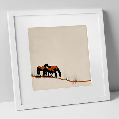 Copper and Ink Herd wild horses art print in white frame