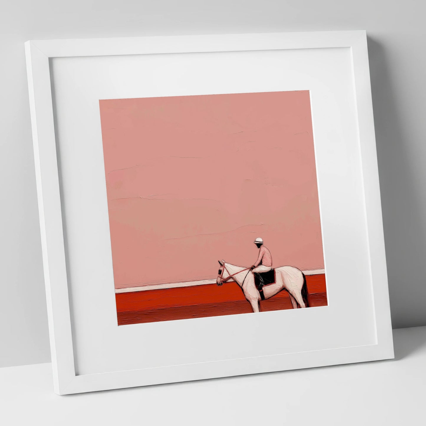 Dusty Rose Paddock racing horse art print in white frame