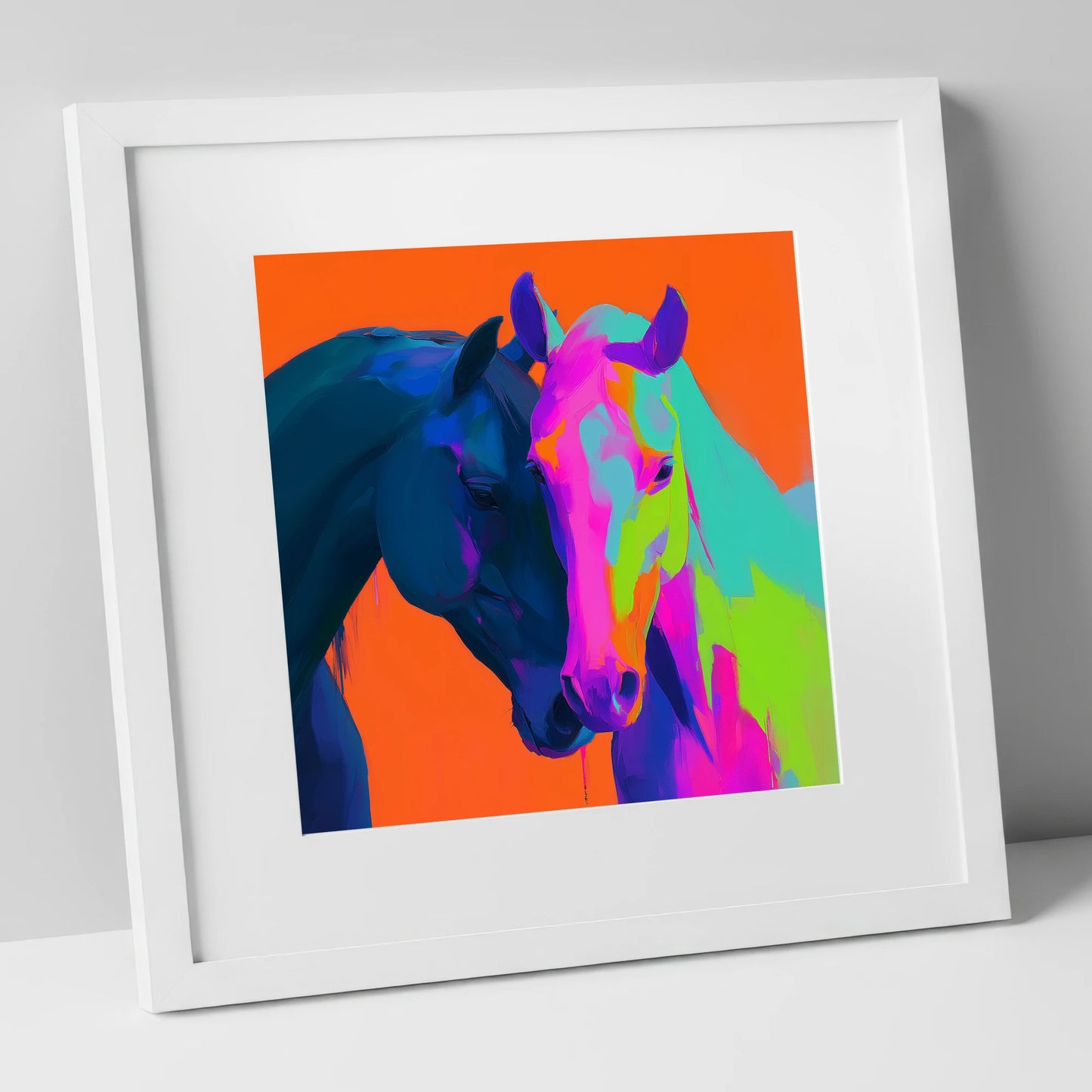 Vibrant Equine Embrace horse portrait art print in white frame