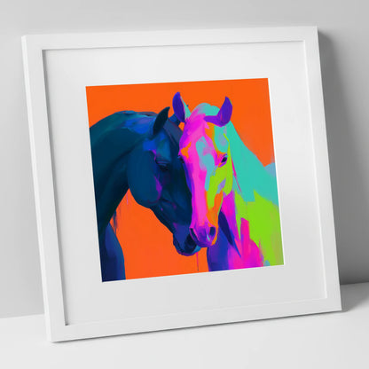 Vibrant Equine Embrace horse portrait art print in white frame