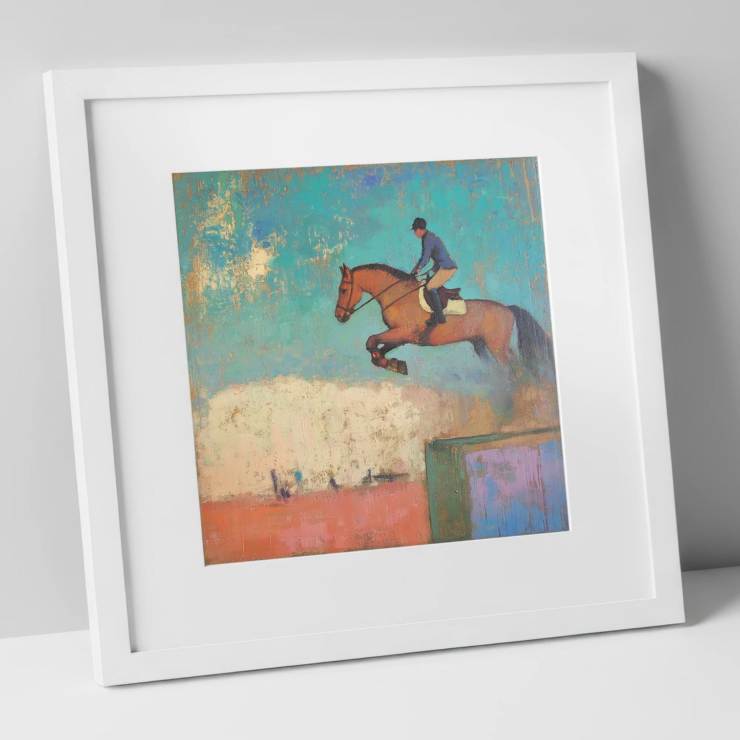 Taking Flight show jumping horse art print in white frame
