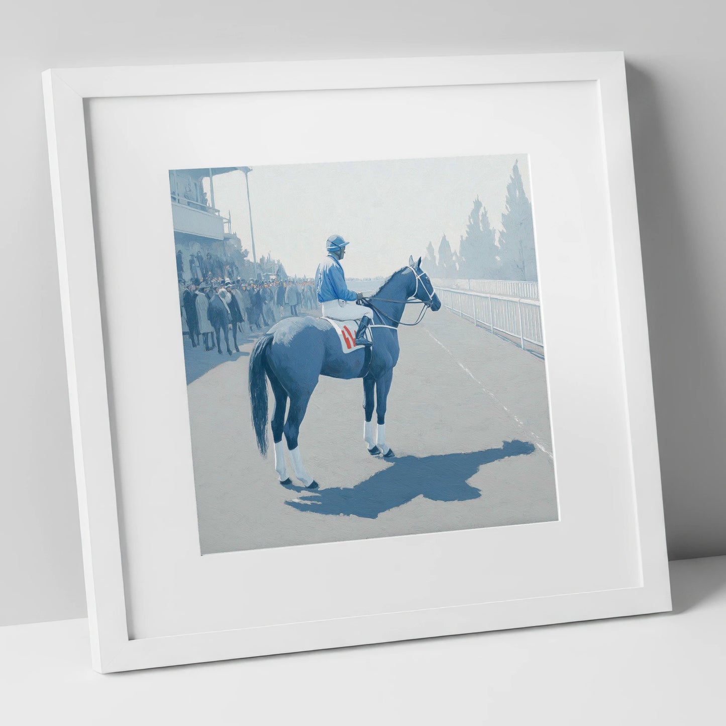 Waiting at the Rails racing horse art print in white frame