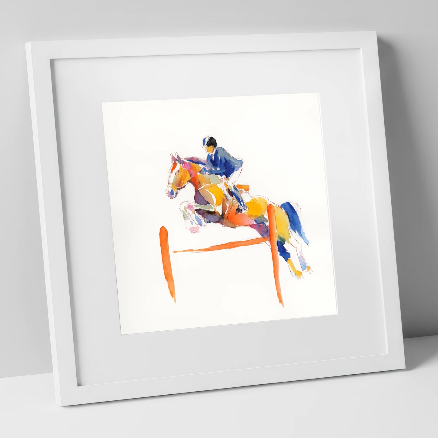 Vibrant Clear Round show jumping horse art print in white frame