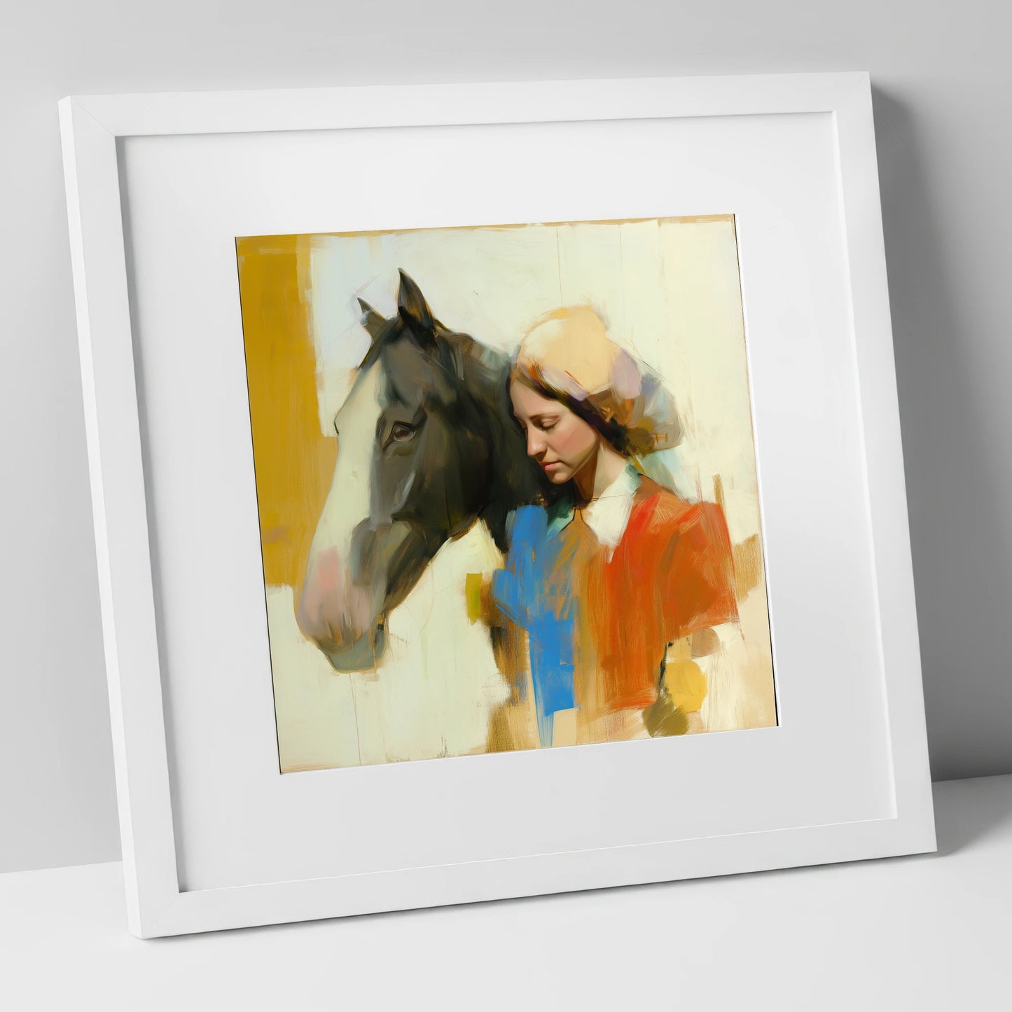 Unspoken Bond horse & rider art print in white frame