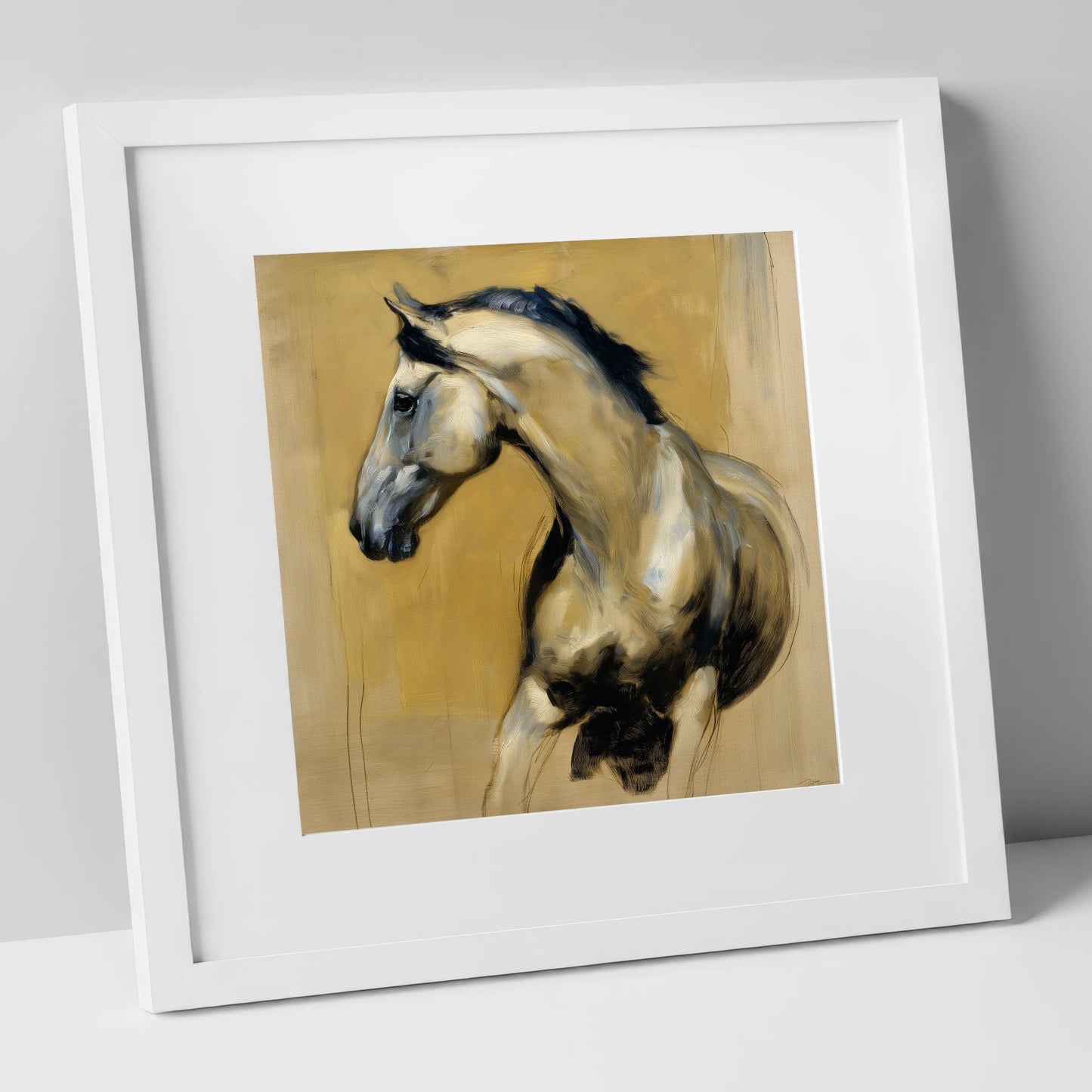 Spirited Ochre Profile horse portrait art print in white frame