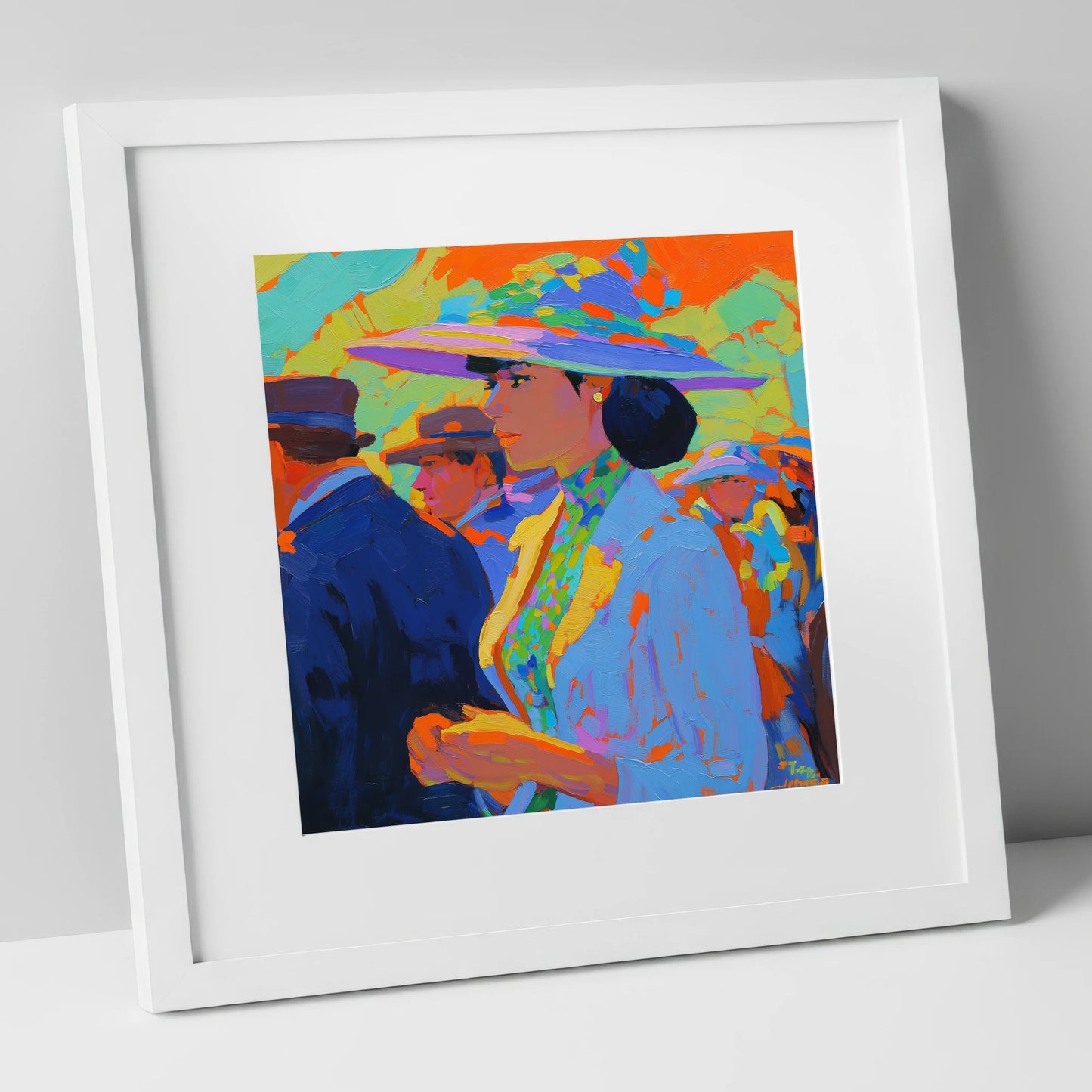 Ladies Day Elegance racing horse art print in white frame