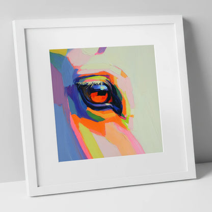 Vibrant Equine Gaze horse portrait art print in white frame